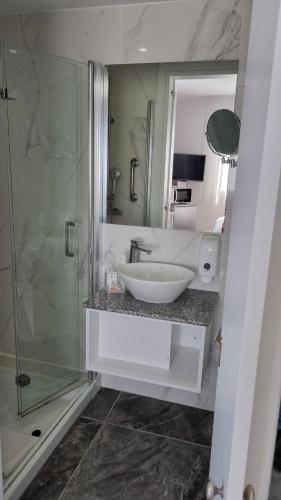 a bathroom with a sink and a glass shower at Art & Wine Boutique Hotel in Larnaka