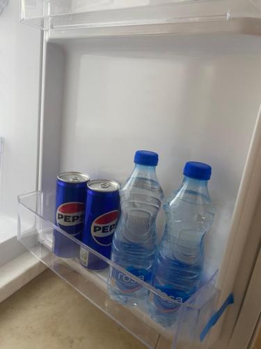 three bottles of soda and cans of pepsi in a refrigerator at Apartman Sofija in Jagodina