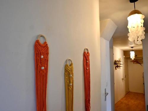 trois skis suspendus à un mur dans un couloir dans l'établissement Appartement proche centre avec terrasse, à Strasbourg