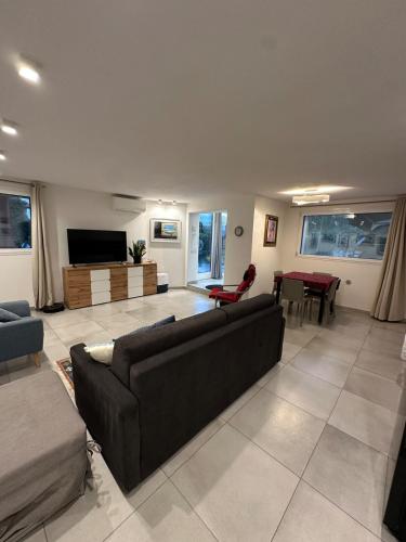a living room with a couch and a tv at Villa Delia in Cernobbio