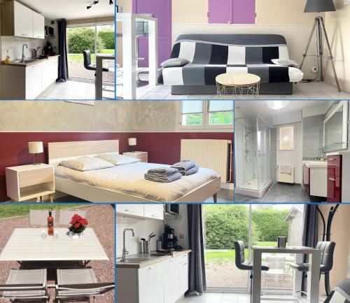 un collage de photos d'une chambre et d'une cuisine dans l'établissement Normandie Cosy Apt rdc indépendant bien équipé dans maison confortable terrasse grand jardin clos sans vis à vis entre Caen et Bayeux, proche plages du débarquement, à Loucelles