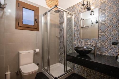 a bathroom with a shower and a toilet and a sink at Masia Tinet in Deltebre