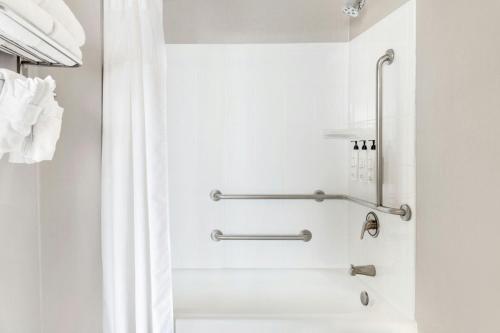 a bathroom with a tub and a shower curtain at SpringHill Suites Detroit Auburn Hills in Auburn Hills