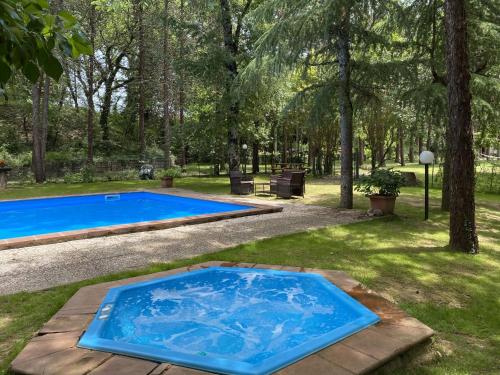 a blue swimming pool in a yard with trees at Holiday Home Villa Alari by Interhome in Cetona