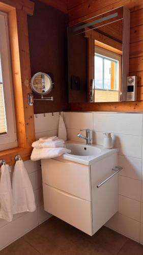a bathroom with a sink and a mirror at EifelChalet Niederehe in Niederehe