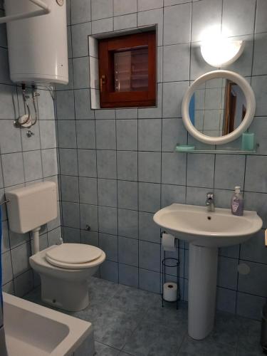 a bathroom with a toilet and a sink and a mirror at Apartmani Frkic in Tisno