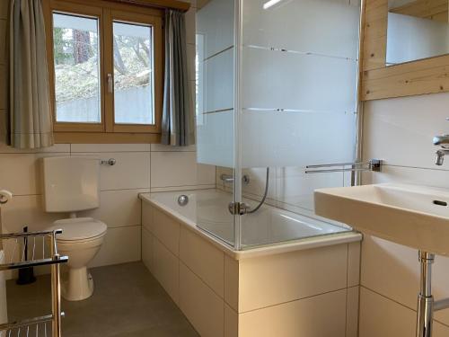 a bathroom with a toilet and a sink at Chalet Chalet Soldanella - BEL205 by Interhome in Bellwald