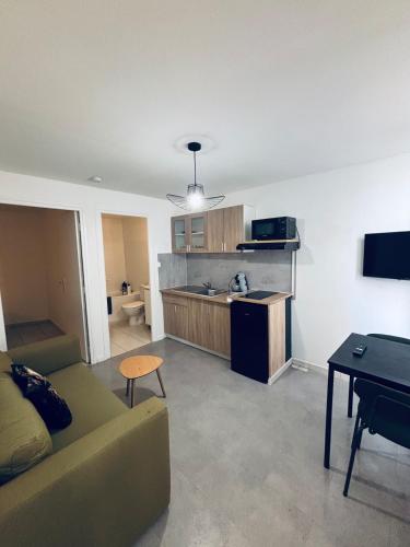 un salon avec un canapé et une cuisine dans l'établissement Meneau 2- Center-Wifi- Connected TV, à Béziers