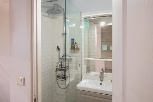 une salle de bain avec douche et lavabo dans l'établissement Appartement de Charme à Montorgueil, à Paris