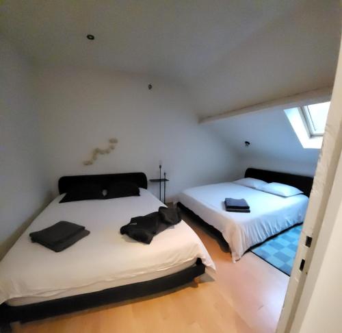 a bedroom with two beds in a attic at NALAN Godvicien, Spa, piscine chauffée, forêt, 14 pers in Gouvieux