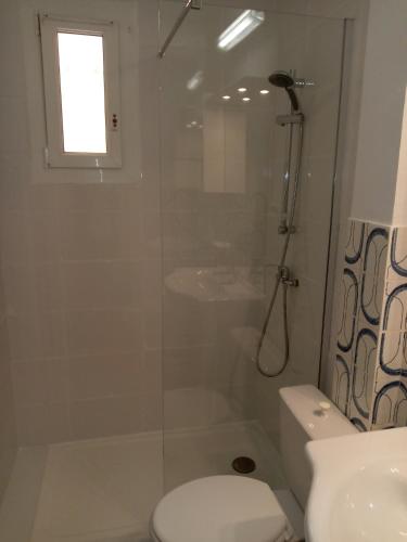 une salle de bain blanche avec douche et toilettes dans l'établissement appartement confortable, à Sainte-Croix-de-Verdon