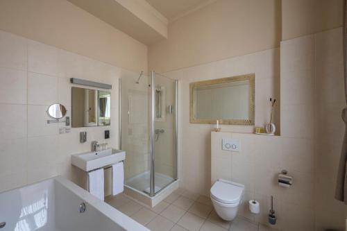 a bathroom with a toilet and a shower and a sink at Hotel Onderbergen in Ghent