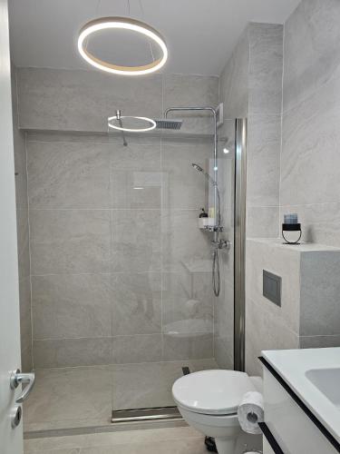 a bathroom with a toilet and a glass shower at Studio 126 in Eforie Nord