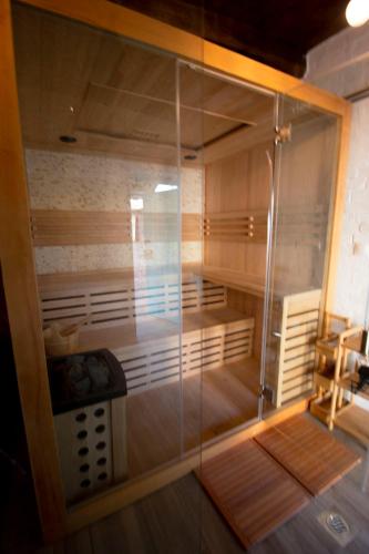 a sauna with a glass door in a room at Dvori 1882 in Karanac