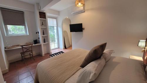 格吕桑Château le Bouïs的卧室里有一张床和一张书桌