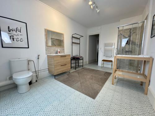 a bathroom with a toilet and a sink at Les Lodges du Castel in Châteauvillain