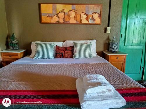 a bedroom with a large bed with pillows at El rancho de Ana in Colonia Las Rosas