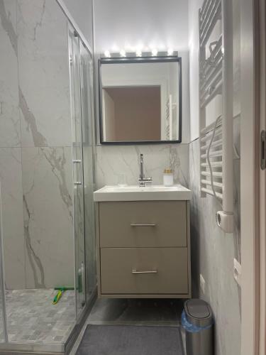 a bathroom with a sink and a shower with a mirror at Little Milan - LM2 - LM3 - LM4 in Milan