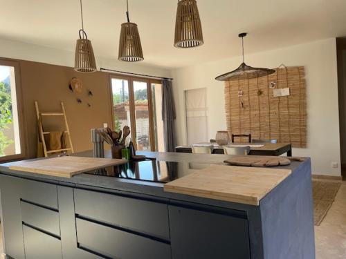 - une cuisine avec un comptoir dans une pièce dans l'établissement Maison proche de la plage, à Six-Fours-les-Plages