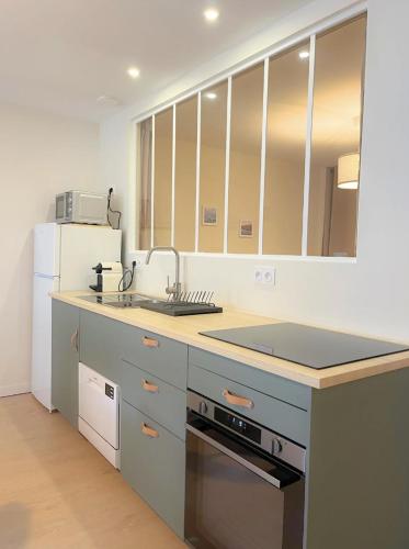 La cuisine est équipée d'un comptoir avec évier et d'un réfrigérateur. dans l'établissement L'épicéa, au coeur du centre historique, à Lons-le-Saunier