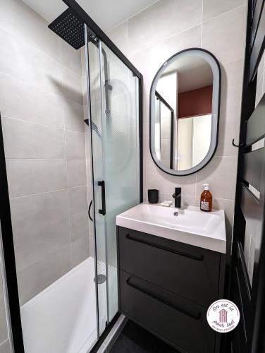 une salle de bain avec un lavabo, une douche et un miroir dans l'établissement Escale aux Sables, à Saint-Jean-dʼOrbetiers
