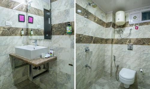 two pictures of a bathroom with a sink and a toilet at Treebo Maharaja, Near Mall Road in Shimla