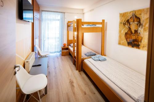 a bedroom with two bunk beds and a desk at Hostel Soline in Portorož