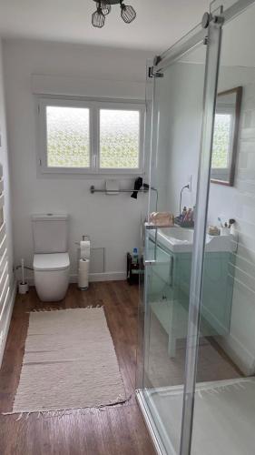 un bagno con lavandino in vetro e WC di Maison Lumière a Lagorce