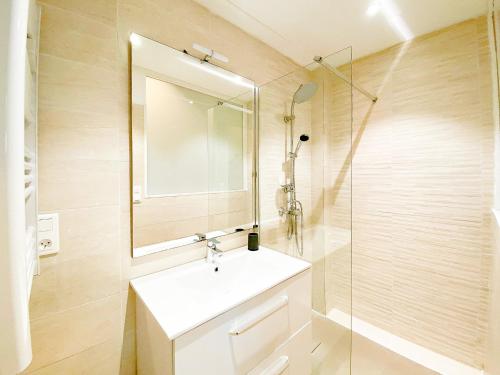 une salle de bain avec un lavabo, un miroir et une douche dans l'établissement Le Parc Maria, à Nice