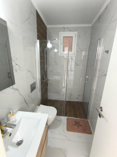 a bathroom with a shower and a toilet and a sink at Luxury Two-Bedroom Apartment at Four Seasons Life 2 16-B in Boghaz