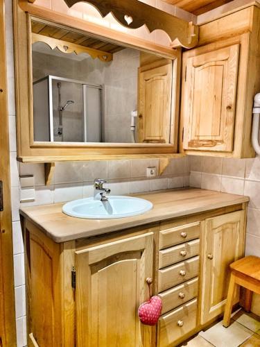 une salle de bain avec un lavabo et un miroir dans l'établissement Chez Fernande, à Notre-Dame-de-Bellecombe