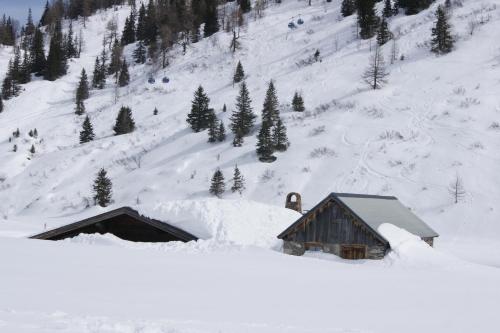 a snow covered mountain with two buildings and trees at Hotel Lindenhof in Bad Gastein