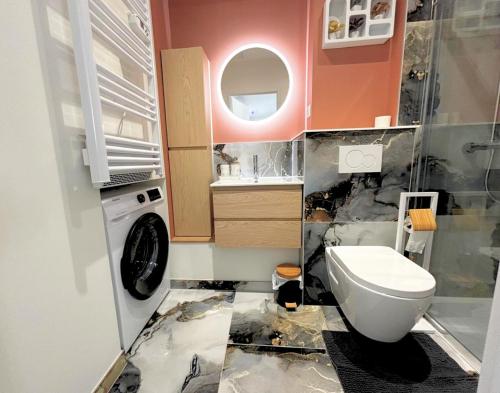 une salle de bain avec toilettes et lavabo dans l'établissement Les Sapins, T2 hyper centre avec climatisation, à Lons-le-Saunier