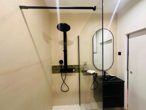 La salle de bains est pourvue d'une douche en verre et d'un miroir. dans l'établissement Appartement Cosy - Château Gombert, à Marseille