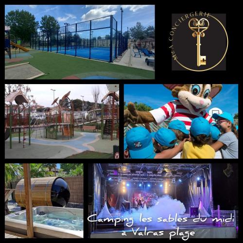 un collage d'images d'un parc dans l'établissement Camping les sables du midi à Valras plage, à Valras-Plage