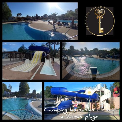 un collage de photos d'un parc aquatique dans l'établissement Camping les sables du midi à Valras plage, à Valras-Plage