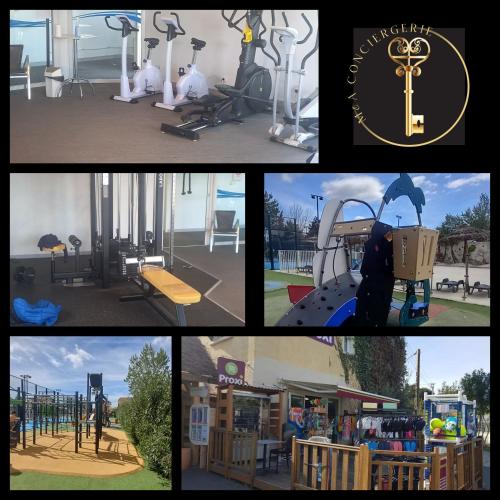 un groupe de quatre photos d'une aire de jeux dans l'établissement Camping les sables du midi à Valras plage, à Valras-Plage