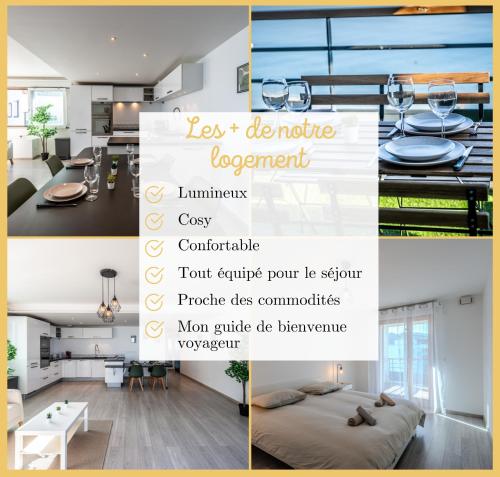 un collage de photos d'une cuisine et d'un salon dans l'établissement Le Rivage I T3 Bord du Lac I Publier, à Publier