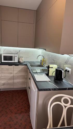 une cuisine avec un évier et un micro-ondes dans l'établissement Large studio apartment Invalides Montparnasse, à Paris