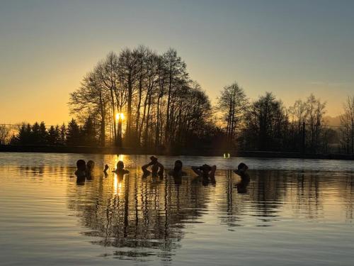 a group of people in the water at sunset at Fox House Tisá / Rájec in Tisá