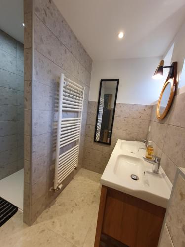 a bathroom with a sink and a mirror at Grande maison proche Colmar in Niederhergheim