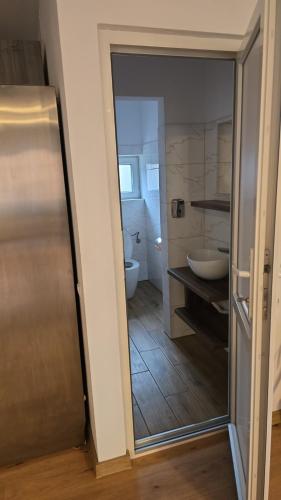 a bathroom with a sink and a toilet and a mirror at Pensiunea Deak Panzio in Sovata