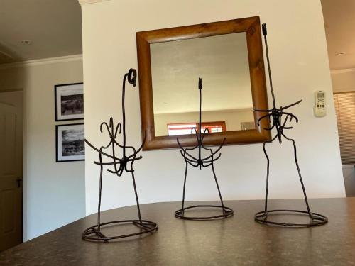 two metal objects on a table with a mirror at Klein Karoo Game Lodge in Oudtshoorn