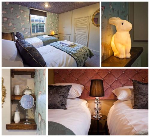 a collage of four pictures of a bedroom with two beds at Looking Glass Cottage in Brighton & Hove