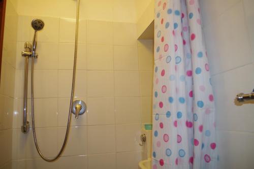 a bathroom with a shower with a shower curtain at Ca Du Grifun in Vernazza