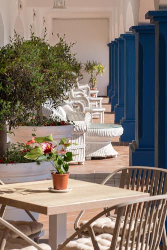 a row of white chairs and tables with potted plants at Hotel Piedra Paloma by Croma in Estepona