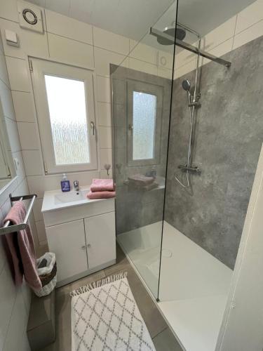 ein Badezimmer mit Dusche und Waschbecken in der Unterkunft Le Chalet de Marguerite in Francorchamps
