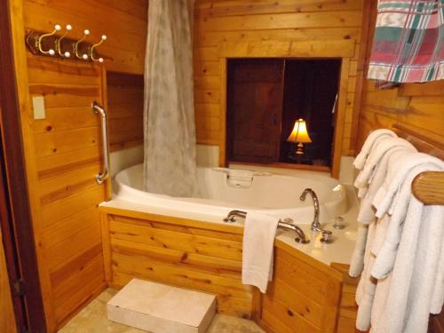 a bathroom with a bath tub in a log cabin at Arizona Mountain Inn & Cabins in Flagstaff
