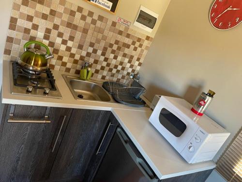 a small kitchen with a sink and a microwave at Klein Karoo Game Lodge in Oudtshoorn