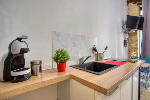 a kitchen counter with a sink and a coffee maker at Studio proche centre ville in Sarlat-la-Canéda